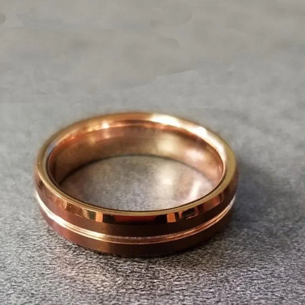 Engraved Men's Real Copper Brown Tungsten Wedding Ring - Rose Gold Center Groove